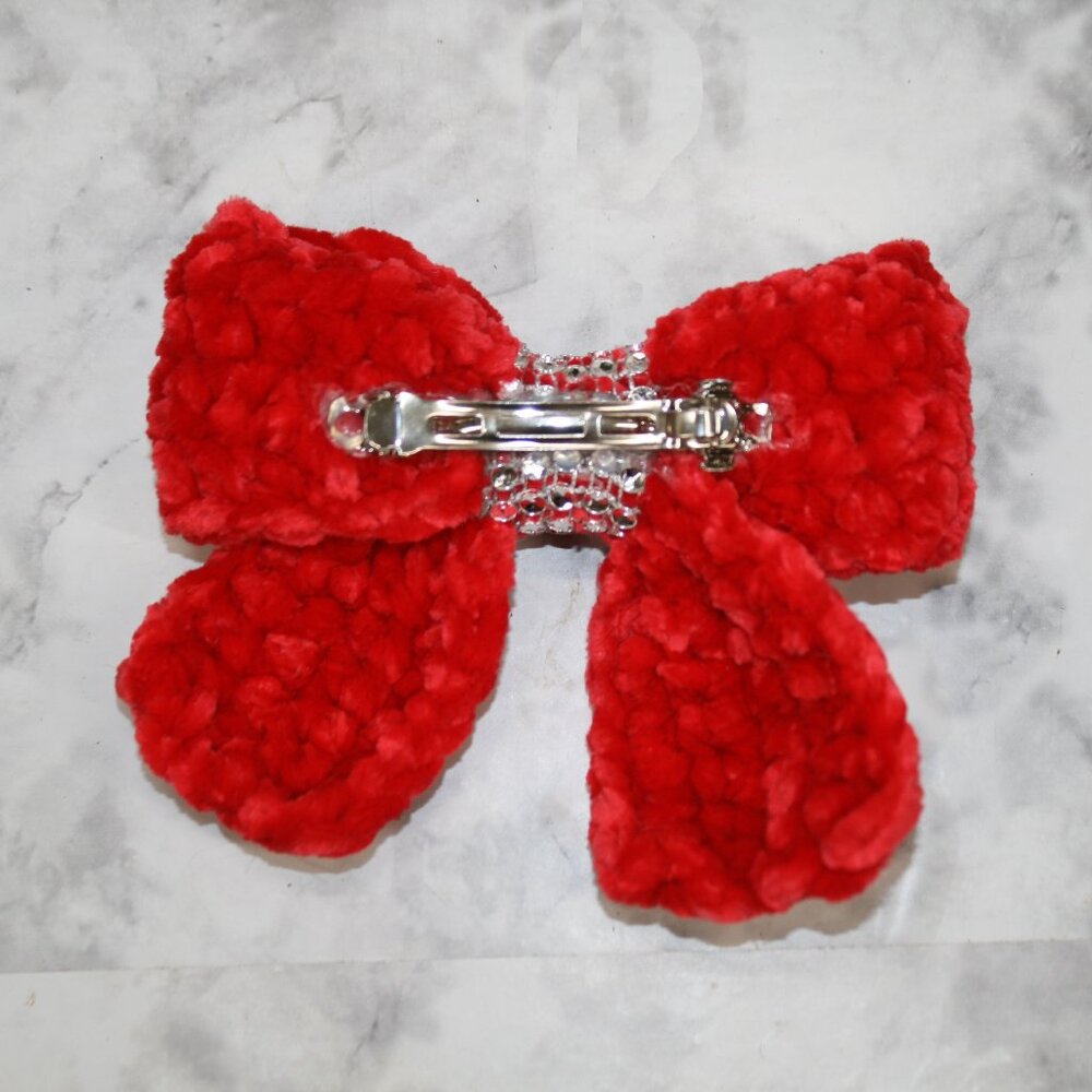 HAND CRAFTED Crochet Bow Chenille Velvet Hair Barrette Oversized Bling Red - Picture 4 of 14